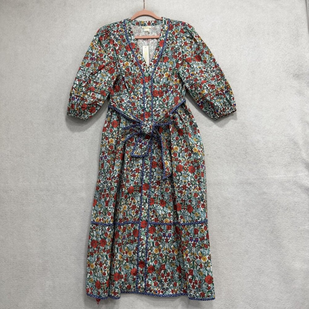 Shoshanna Dress Womens 6 Multicolor Floral Puff Sleeve V Neck Belted Midi Boho